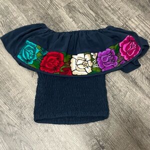 Blue Smocked Ruffled Blouse Off the Shoulder